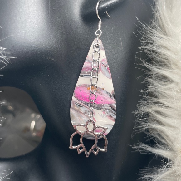 Elegant Pink, Gray and Silver Artisan Lotus Flower Dangle Earrings - Picture 3 of 12